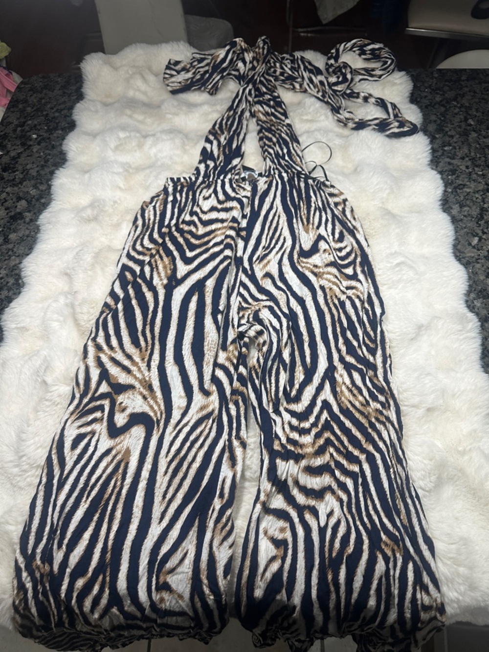 Fashion Nova Zebra-Print Halter Jumpsuit - Navy & Brown